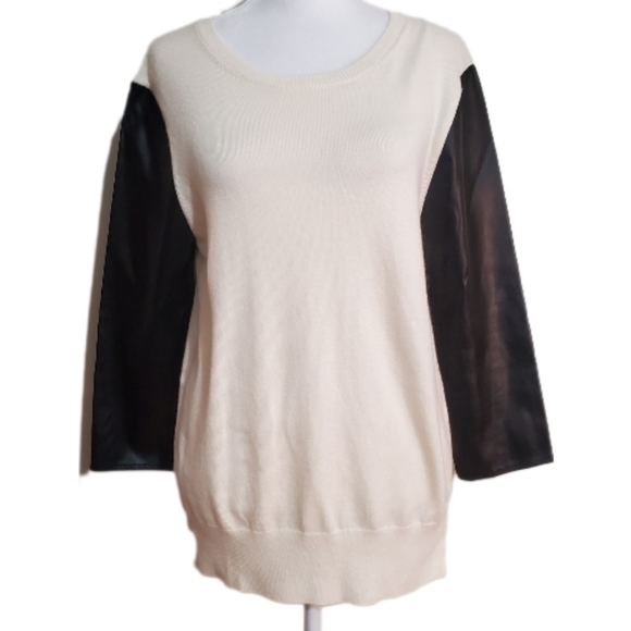 Ann Taylor wool blend cream with faux leather 3/4" sleeves pullover sweater. M - Picture 2 of 10